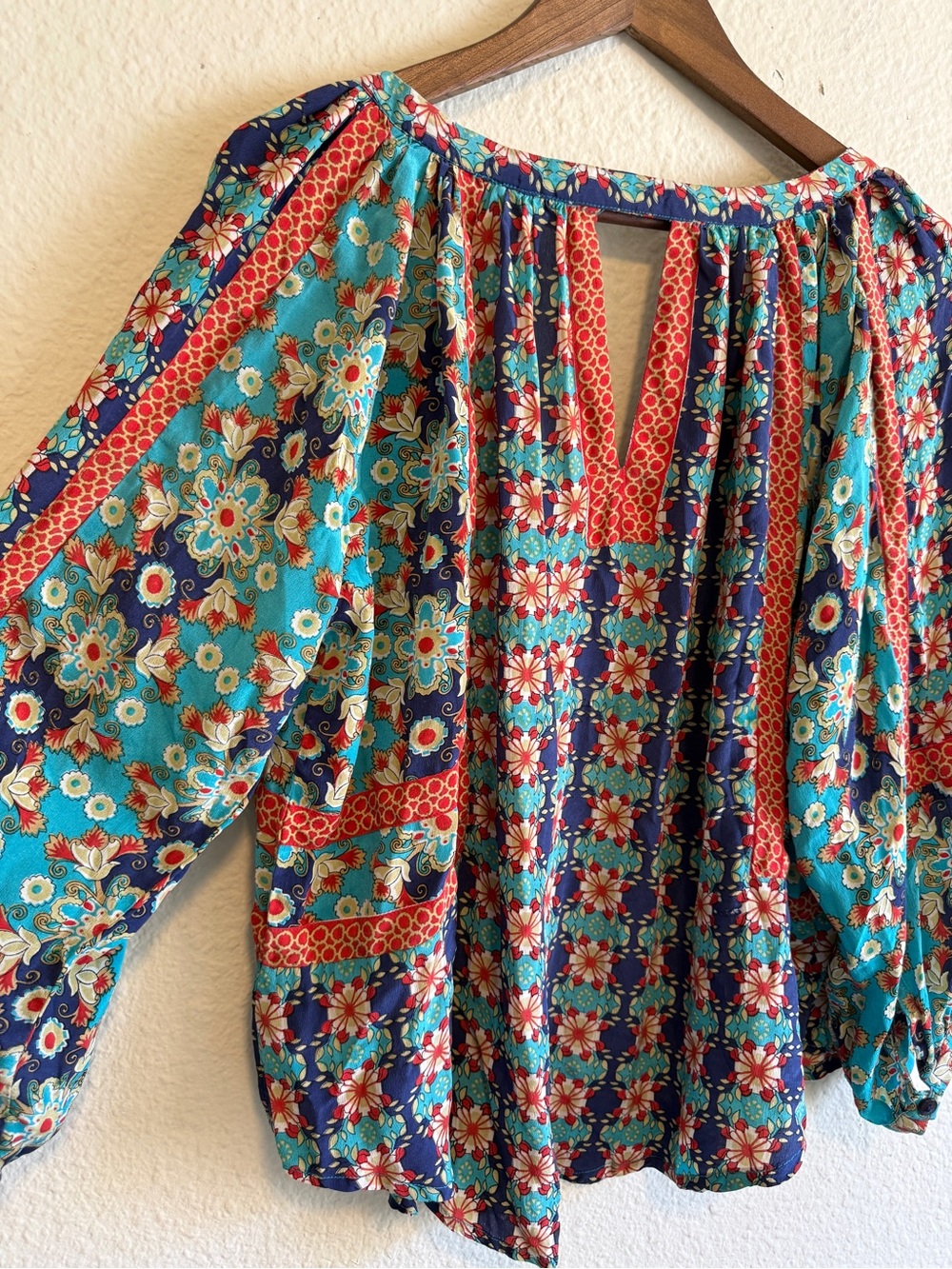 Tolani Turquoise Floral Print Silk Blouse-size M - Picture 7 of 10